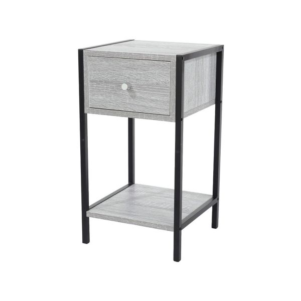 Kelly One-Drawer Compact Bedside Cabinet - Metal - L33 x W33 x H55 cm - Grey Oak Effect/Black - Flat Packed