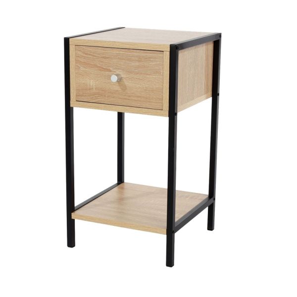 Kelly One-Drawer Compact Bedside Cabinet - Metal - L33 x W33 x H55 cm - Oak Effect/Black - Flat Packed