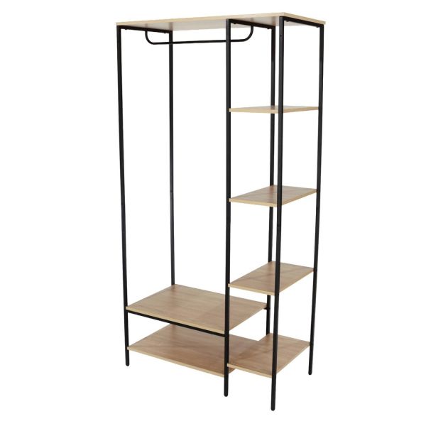 Kelly Open Wardrobe with Side Shelf Storage - Metal - L45 x W90 x H178 cm - Oak Effect/Black - Flat Packed