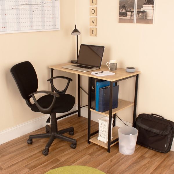 Loft Side Storage Study Desk with Metal Legs and Plastic Office Chair - Oak/Black Fabric