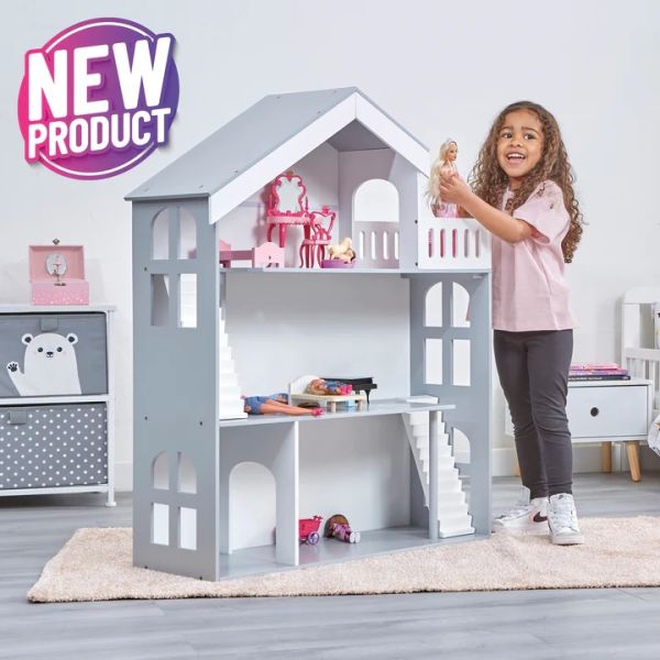 Kids Grey Dolls House - Wooden - H1150 x W830 x D300mm