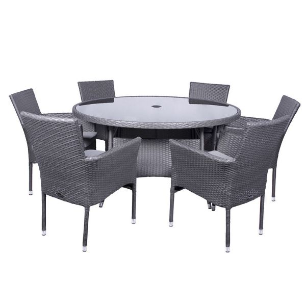 Malaga 6 Seater Stacking Dining Set with Cushion - Synthetic Rattan - L140 x W140 x H74 cm - Slate Grey
