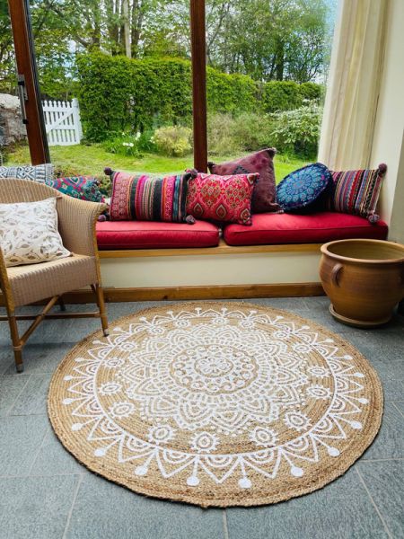 MANDALA Pattern Round Rug with Block Print - Jute - L150 x W150 - White