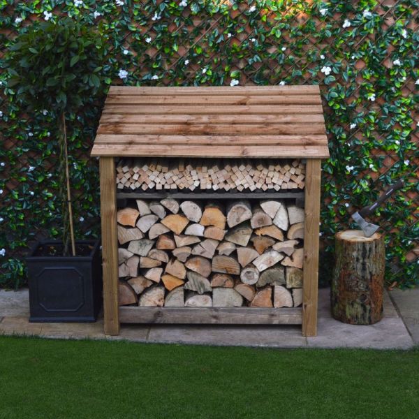 Greetham 4ft Log Store with Kindling Shelf - L80 x W123 x H128 cm - Rustic Brown