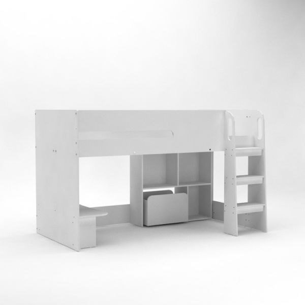 Kudl - Storage Mid Sleeper 01 Children's Bed with Desk, Bookcase & Toybox - MFC/Wood - L115.8 x W195 x H120 cm - White