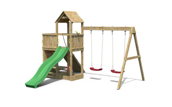 Floppi Summit Seeker Scramble with Green Slide - Outdoor Play Set - Pressure Treated Wood - L396 x W379 x H277 cm