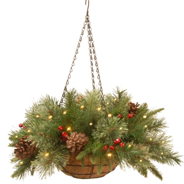 14 Inches Colonial Fir, Cones and Red Berries Hanging Basket with 20 Warm Battery Operated LED Lights and Timer - White