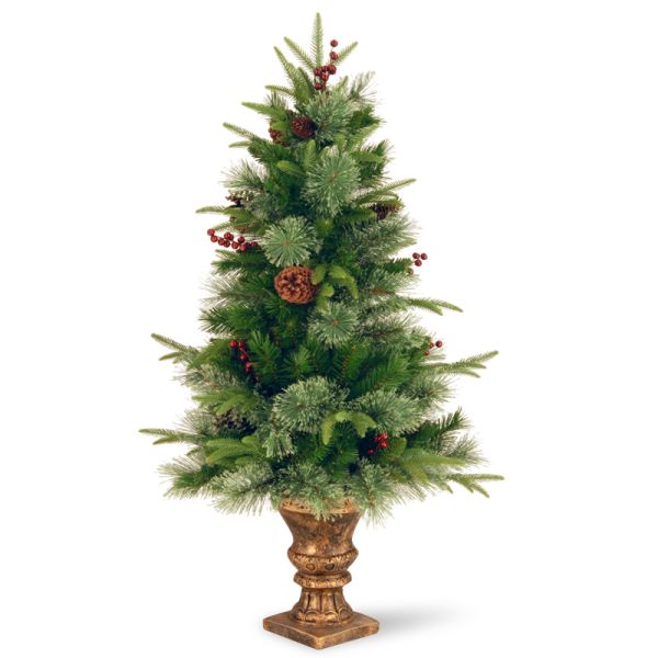 4 Feet Colonial Fir Entrance Tree with 28 Red Berries and 28 Pine Cones in Dark Bronze Pot