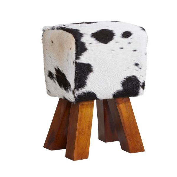 Cowhide Stool - Solid Wood - L25 x W33 x H45 cm - Dark