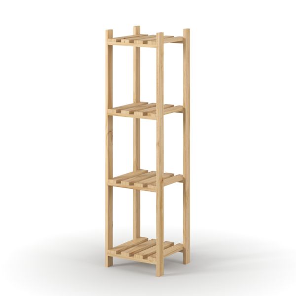 4 Tier Square Shelf Narrow Slatted Storage Unit - Pine - L27 x W29 x H108 cm - Natural Sanded Pine