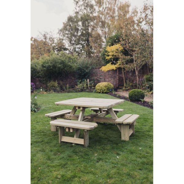 Square Picnic Table Sits 8, Wooden Garden Furniture - L200 x W200 x H73 cm - Minimal Assembly Required