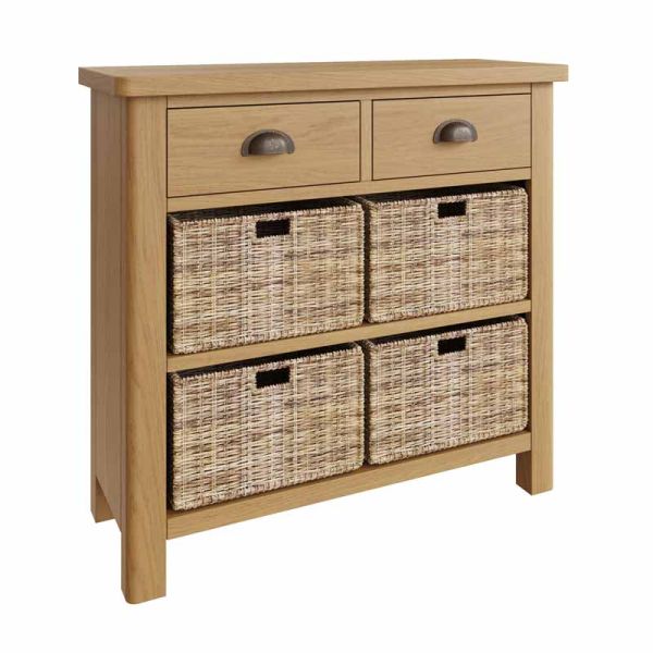 2 Drawer 4 Basket Unit - Pine/Plywood/MDF - L80 x W30 x H75 cm - Rustic Oak /Wicker