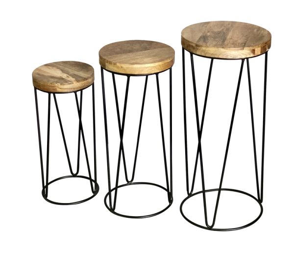 Ravi Iron Base Solid Wood Top Round Stool (Set of 3) - L30 x W30 x H69 cm - Mango Light Finish