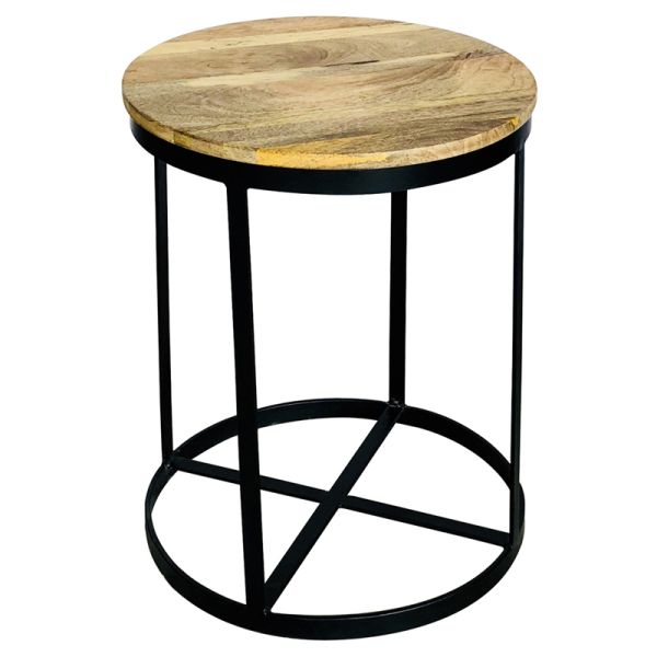 Ravi Iron Base Solid Wood Small Round Stool - L41 x W41 x H52 cm - Mango Light Finish