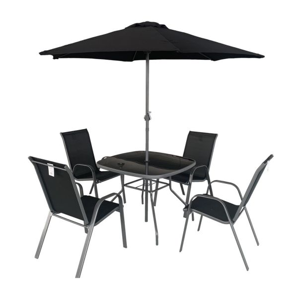 Rio 4 Seater Set including Parasol - Powder Coated Steel - H70 x W96.5 x L96.5 cm - Grey/Black