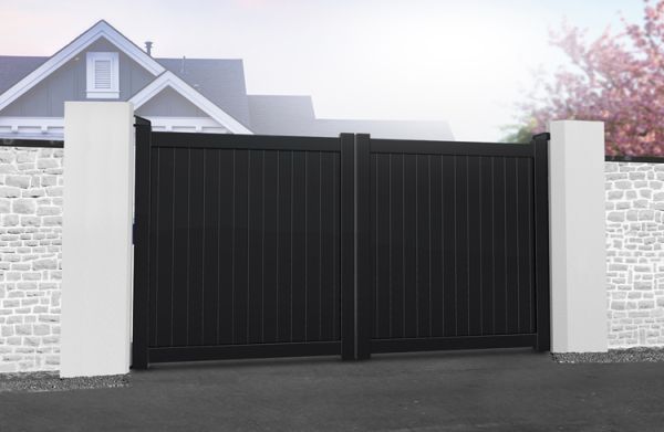 Double Swing Gate 3250x2200mm - Aluminium - Vertical Solid Infill and Flat Top - Black