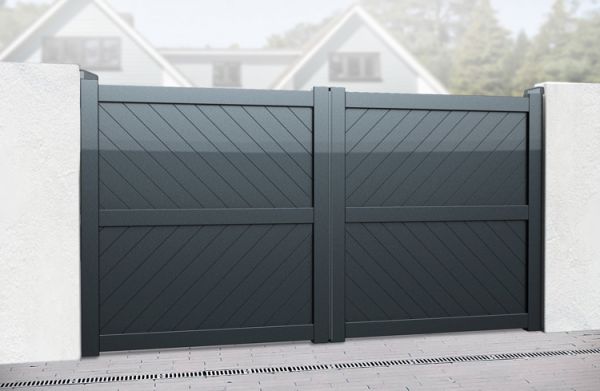 Double Swing Gate 3250x2000mm Grey - Diagonal Solid Infill and Flat Top