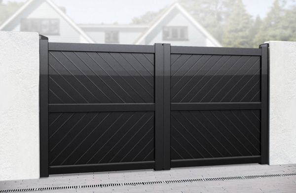 Double Swing Gate - 3750x2000mm - Black - Diagonal Solid Infill and Flat Top, Full Privacy Driveway Gate