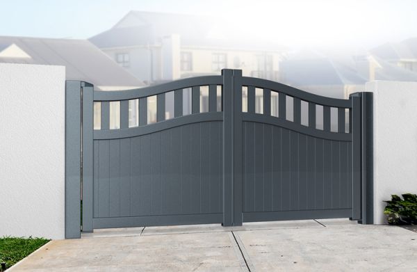 Double Swing Gate 3500x1800mm Grey - Vertical Solid Infill and Bell-Curved Top Full Privacy Driveway Gate