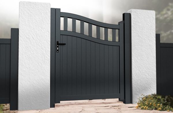 Pedestrian Gate 1000x1800mm Black - Partial Privacy with Vertical Solid Infill and Bell-Curved Top