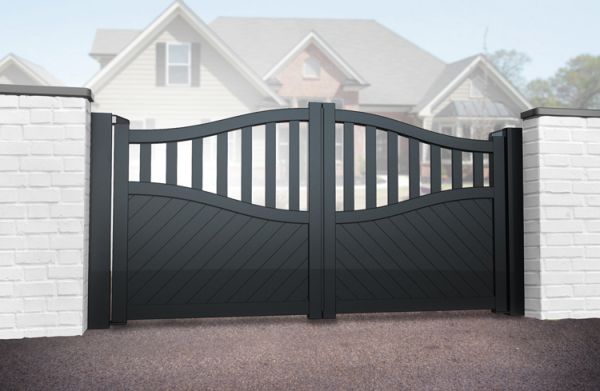 Double Swing Gate 3250x2200mm Black - Diagonal Solid Infill and Bell-Curved Top