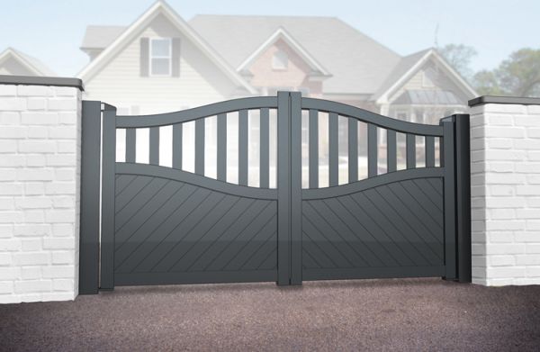 Double Swing Gate 3000x1800mm Grey - Diagonal Solid Infill and Bell-Curved Top