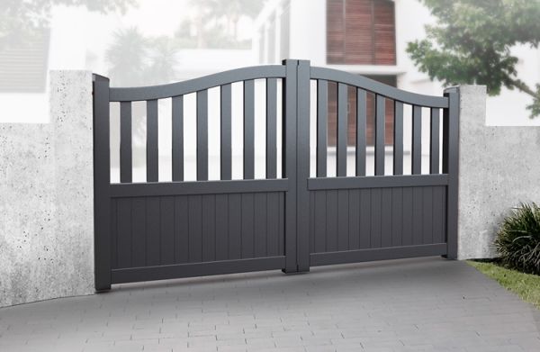 Double Swing Gate 3000x2200mm Grey - Partial Privacy Driveway Gate with Vertical Solid Infill and Bell-Curved Top