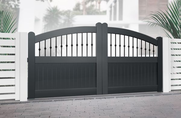 Double Swing Gate 3750x2000mm Black - Vertical Solid Infill, Bell-Curved Top