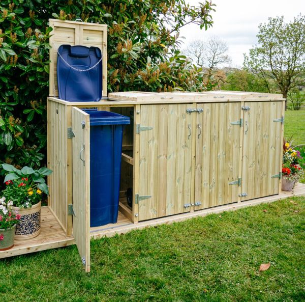 Shireburn Quad Wheelie Bin Store - Timber - L97 x W284 x H125 cm - Fits 4 x 360L Wheelie Bins