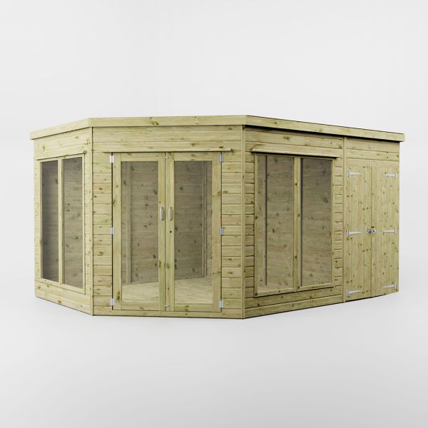 9 x 13 Feet Premium Corner Summerhouse with Side Shed - Timber - L291.3 x W405.7 x H214.6 cm - Brown