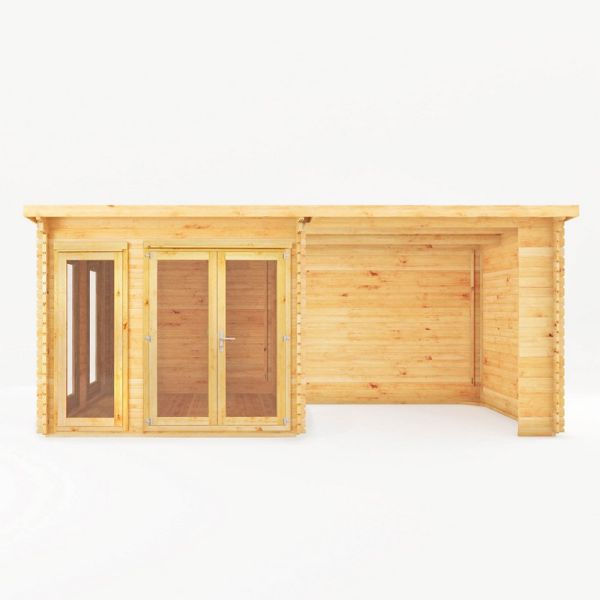 6 x 3 m Studio Pent Log Cabin with Patio Area - 28 mm - Timber - L333.5 x W590.6 x H249.4 cm - Brown