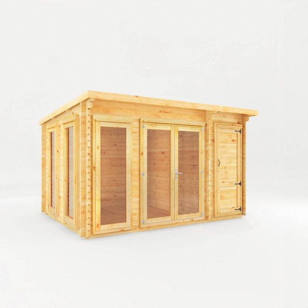 4.1 x 3 m Studio Pent Log Cabin with Side Shed - 28 mm - Timber - L333.5 x W413.6 x H249.4 cm - Brown