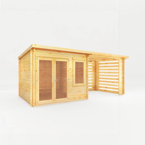 6 x 3 m Elite Pent Log Cabin with Slatted Area - 28 mm - Timber - L333.5 x W590.6 x H249.4 cm - Brown