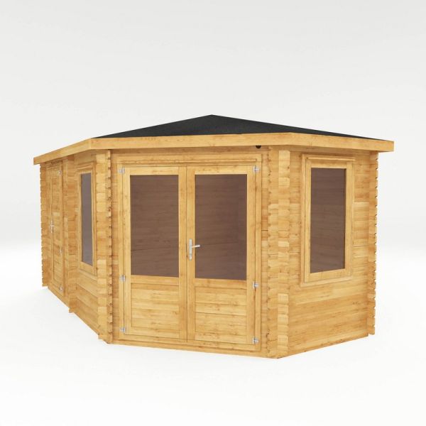 5 x 3 m Corner Lodge Plus Log Cabin with Side Shed - 44 mm - Timber - L317.1 x W510 x H274.4 cm - Brown