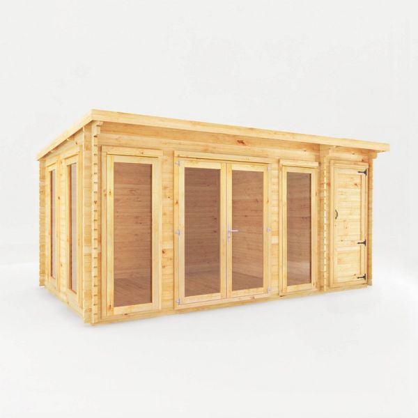 5.1 x 3 m Studio Pent Log Cabin with Side Shed - 44 mm - Timber - L333.5 x W514.5 x H249.4 cm - Brown