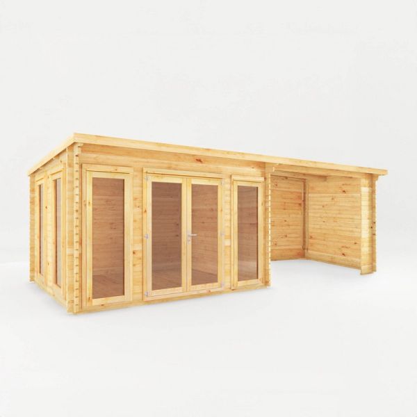 7 x 3 m Studio Pent Log Cabin with Patio Area - 44 mm - Timber - L333.5 x W691.5 x H249.4 cm - Brown
