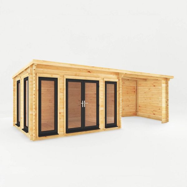 7 x 3 m Studio Pent Log Cabin with Patio Area with UPVC Windows and Doors - 44 mm - Timber - L333.5 x W691.5 x H249.4 cm - Brown