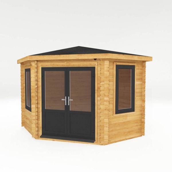 3 x 3 m Corner Log Cabin - 44 mm - Grey UPVC Windows and Door - Wood/Glass - L316 x W310 x H274.4 cm