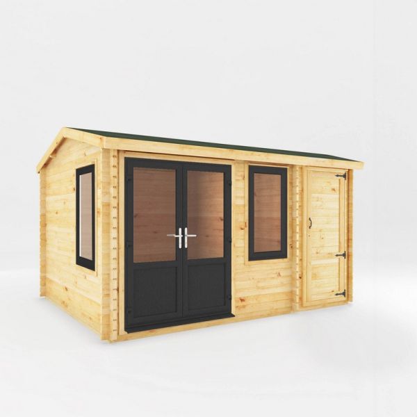 4.1 x 3 m Home Office Elite Log Cabin with Side Shed with UPVC Windows and Doors - 44 mm Timber - L314.3 x W416 x H260 cm - Brown
