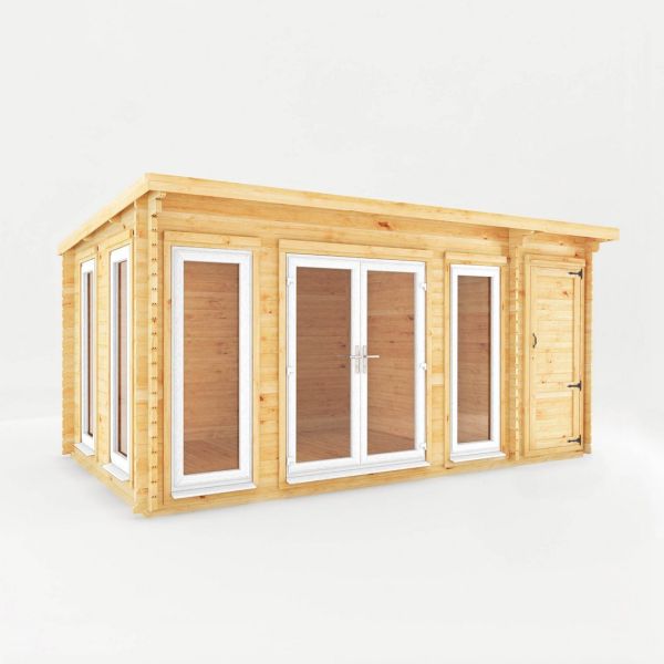 5.1 x 3 m Studio Pent Log Cabin with Side Shed - 44 mm - White UPVC Windows and Door - Wood/Glass - L333.5 x W514.5 x H249.4 cm