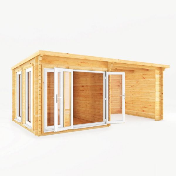 6 x 3 m Studio Pent Log Cabin with Patio Area, White UPVC Windows and Doors - 44 mm Timber - L333.5 x W591.1 x H249.4 cm - Brown