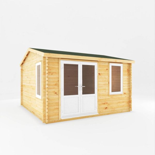 4 x 4 m Home Office Elite Log Cabin with White UPVC Windows and Doors - 44 mm - Timber - L414 x W403.6 x H272.5 cm - Brown