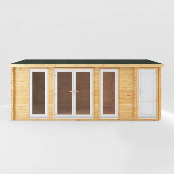 6.1 x 3 m Home Office Studio with Side Shed with UPVC Windows and Doors - 44 mm - Timber - L414.1 x W616.9 x H272.5 cm - Brown