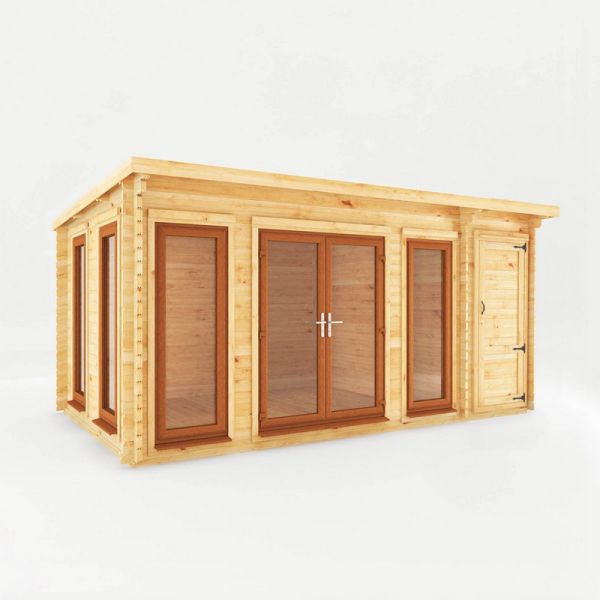 5.1 x 3 m Studio Pent Log Cabin with Side Shed, Oak UPVC Windows and Doors - 44 mm Timber - L333.5 x W514.5 x H249.4 cm - Brown
