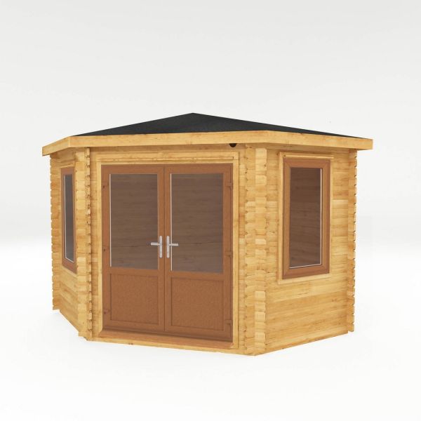 3 x 3 m Corner Log Cabin - 44 mm - Oak UPVC Windows and Door - Wood/Glass - L316 x W310 x H274.4 cm