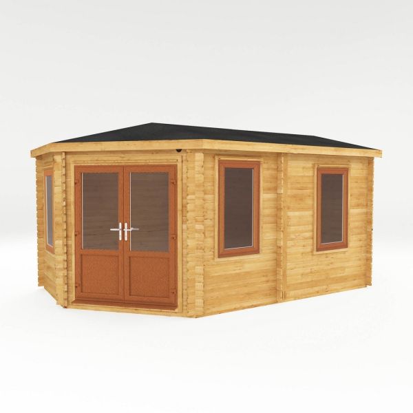 5 x 3 m Corner Lodge Log Cabin - 44 mm - Oak UPVC Windows and Door - Wood/Glass - L317.1 x W510 x H274.3 cm