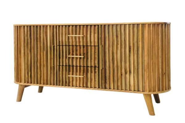 Slated 2 Door 3 Drawer Sideboard - Mango Wood - L45 x W164 x H80 cm - Light Finish - Assembly Required