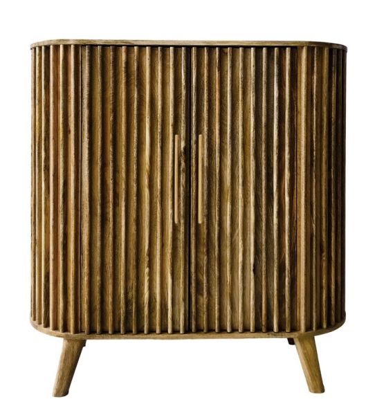 Slated 2 Door Highboard Cabinet - Mango Wood - L45 x W106.5 x H110 cm - Light Finish - Assembly Required