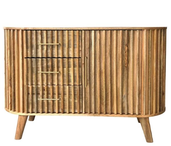 Slatted One Door 3 Drawer Sideboard - Mango Wood - L45 x W118 x H80 cm - Mango Light Finish - Assembly Required