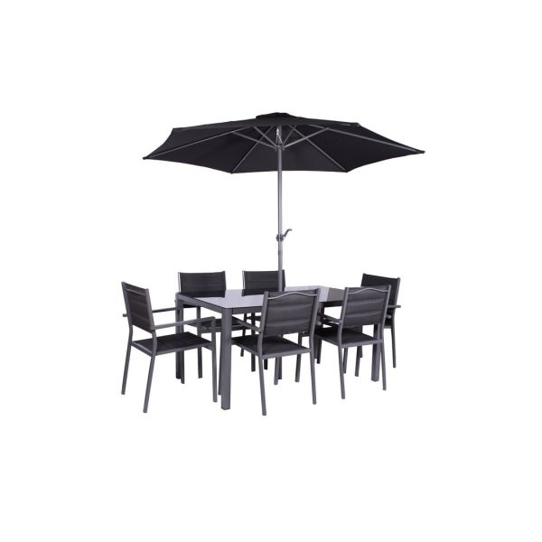 Sorrento 6 Seater Set including Parasol - Aluminium & Textylene - H70 x W150 x L90 cm - Black